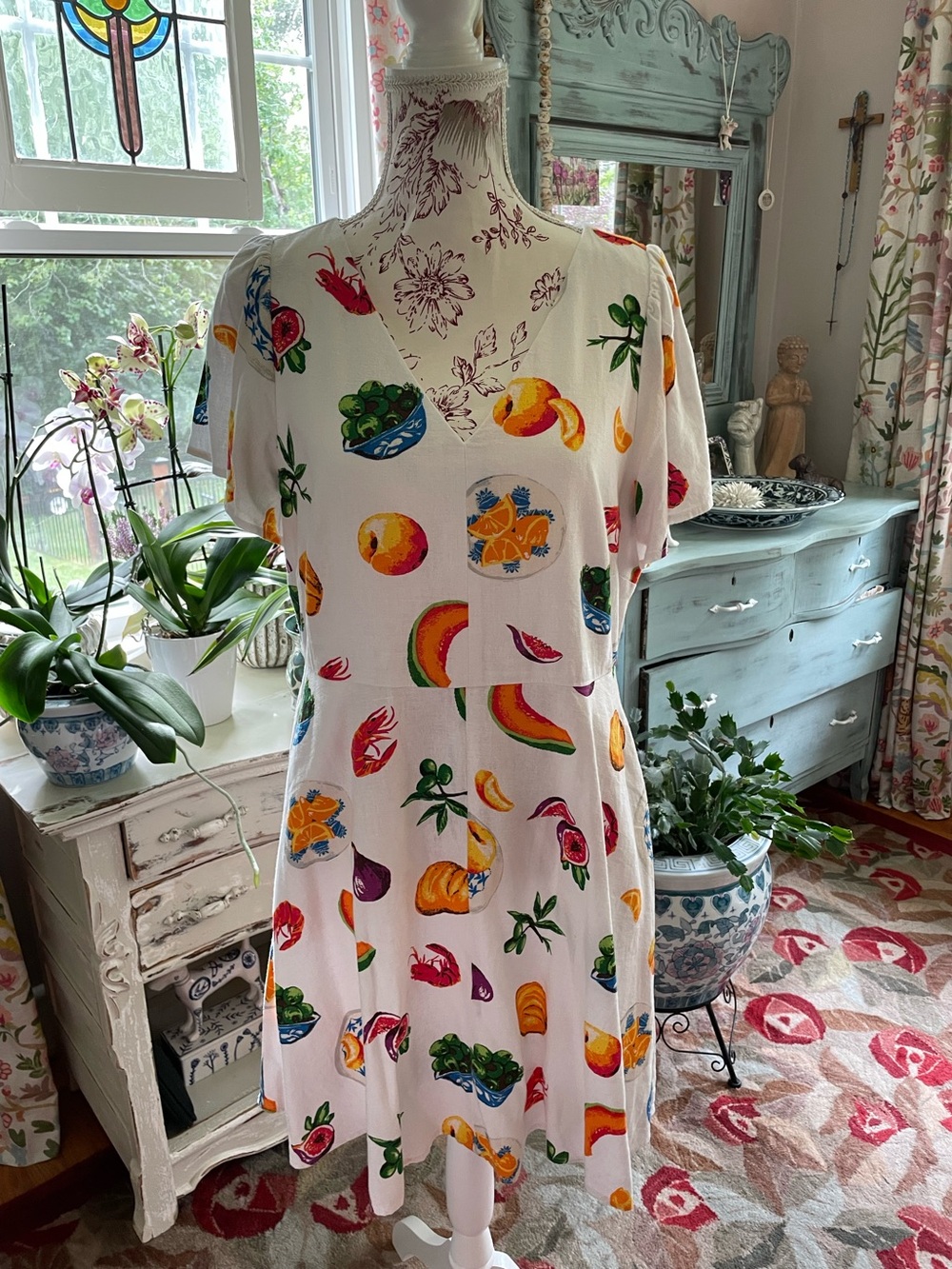 J.Crew Factory dress. White Fruit-Print V-Neck Summer Dress